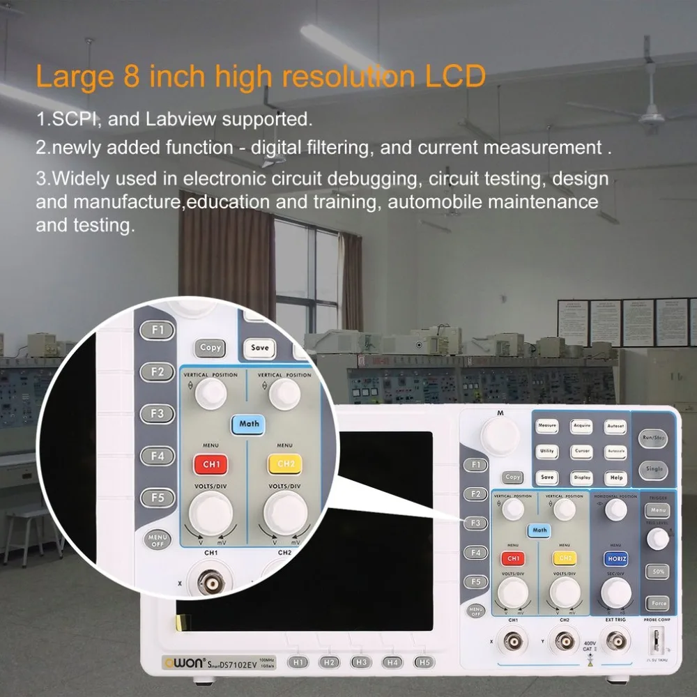 

Digital Storage Oscilloscope 100MHz 2 Channels 1GSa/S 8 inch LCD Record USB Waveform Generator Logic Analyzer Spectrum