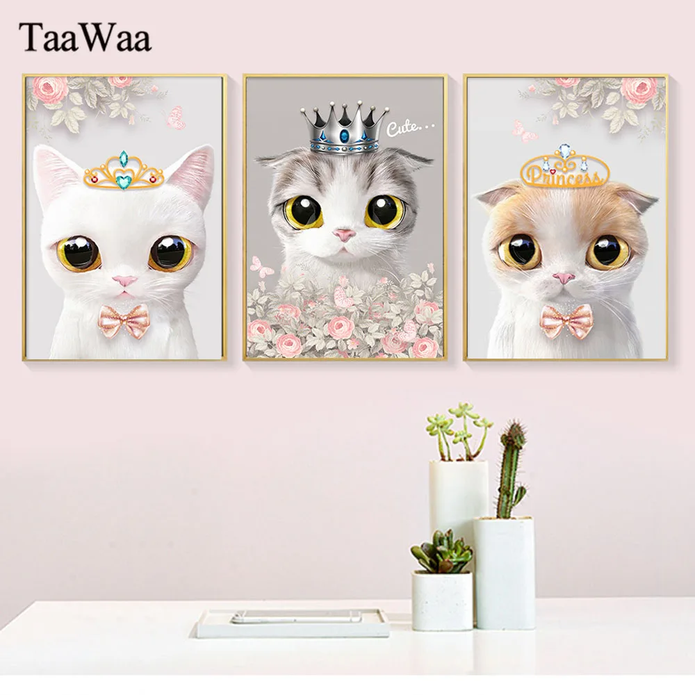 

TaaWaa Watercolor Flower Cute Cat Canvas Painting Nursery Animal Wall Art Nordic Modern Poster Pictures For Kids Room Decor