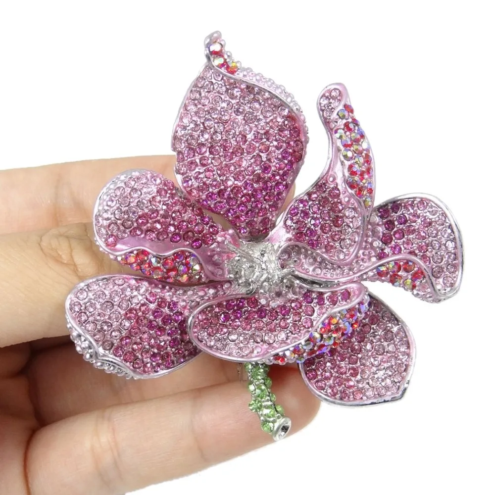 Bella Fashion Pink Orchid Flower Brooch Pin Austrian Crystal Rhinestone Brooch Women Party