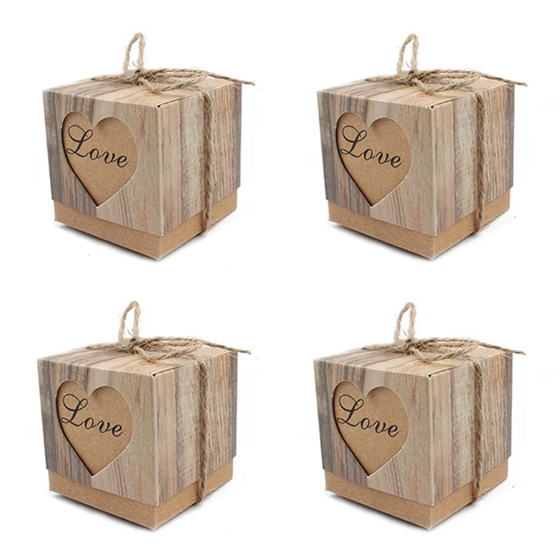 

50pcs Love Christmas Candy Box Romantic Heart Kraft Gift Bag With Burlap Twine Chic Wedding Birthday Favors Gift Box Supplies