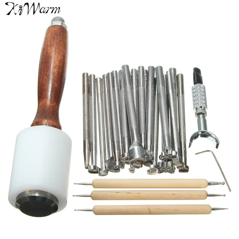 

Kiwarm 25pcs Leather DIY Carved Wooden Hammer Stainless Steel Printing Tool Sewing Handmade Kit Set Leathercraft Tools Accessory