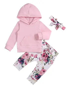 

Oklady Baby Girl Pink Hoodie Floral Pants with Headband for Newborn Infant Toddler 3Pcs Winter Clothes Sets