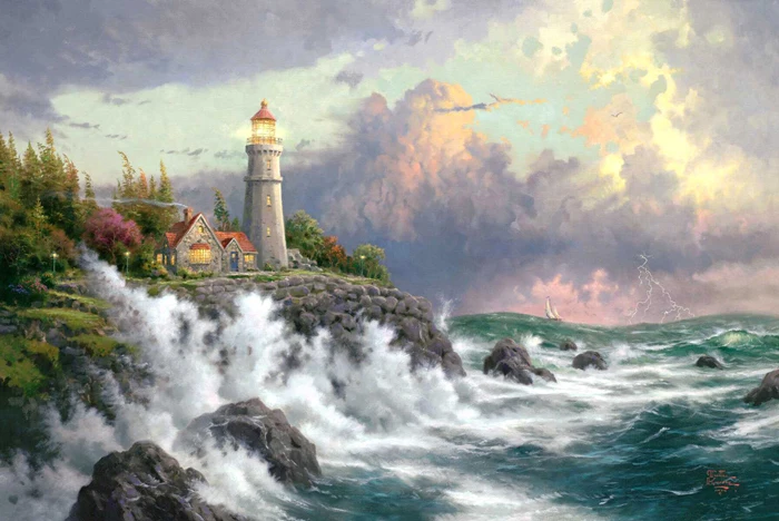Framed Lighthouse Sea Waves Wall Art Painting Picture Print On Canvas Pictures 