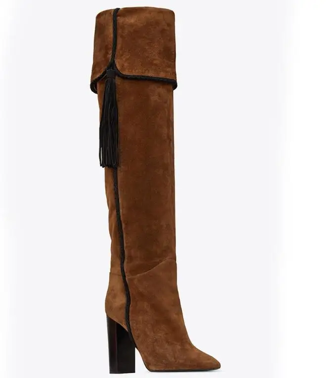 

Retro Hot Brown PU Mid-Calf Shoes Pointed Toe Square Heel Women's Shoes Fring Good Quality Big Size Women's Boots