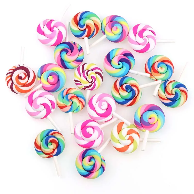 10pcs Spiral Rainbow Polymer Clay Cabochons  Beauty Kawaii  lollipop Candy  Flatback For DIY Phone Decoration