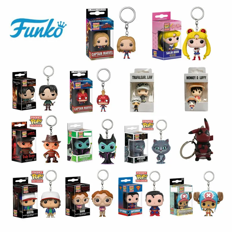 

Funko Pop Captain Marvel Iron Man Spider Man Key Chain Action Figure Luffy Deadpool Pikachu Key Rings Kid Toys With Original Box