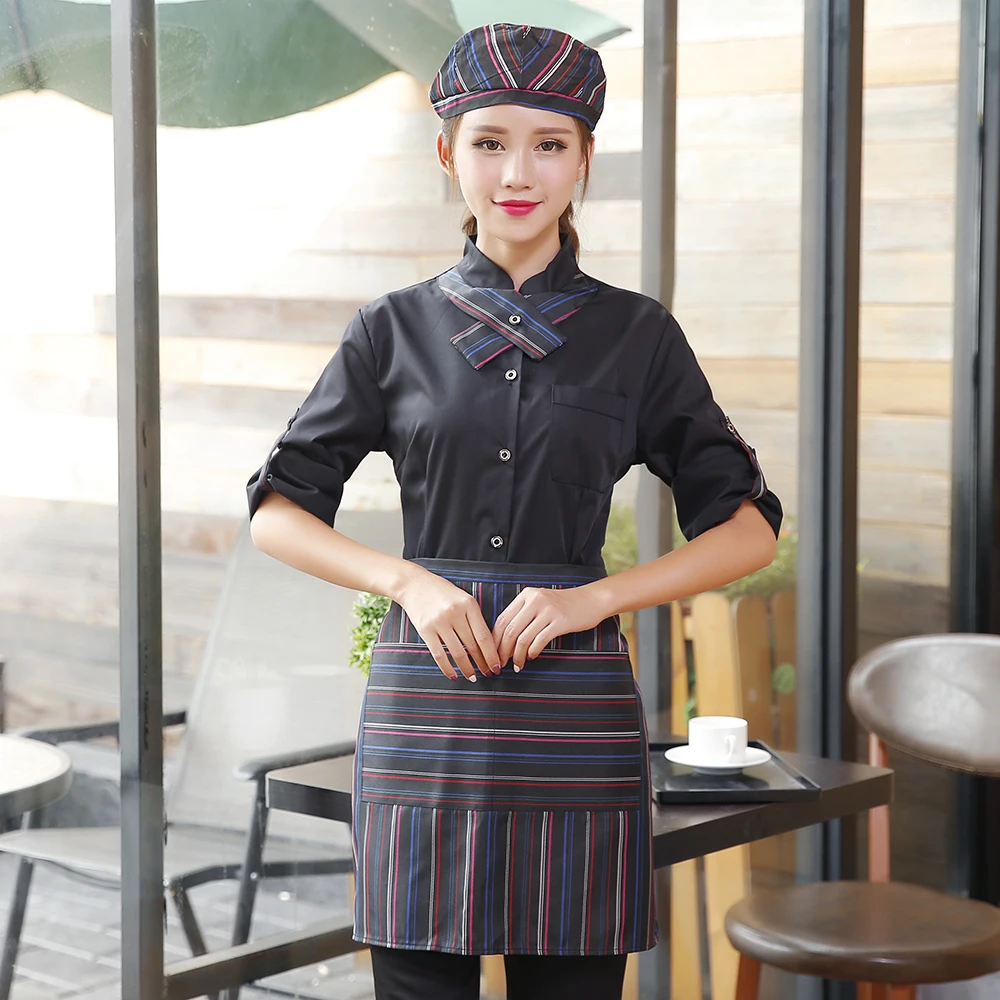  Striped Patchwork Waiter Waitress Uniform Winter Hotel Restaurant Barbershop Adjustable Sleeve Work