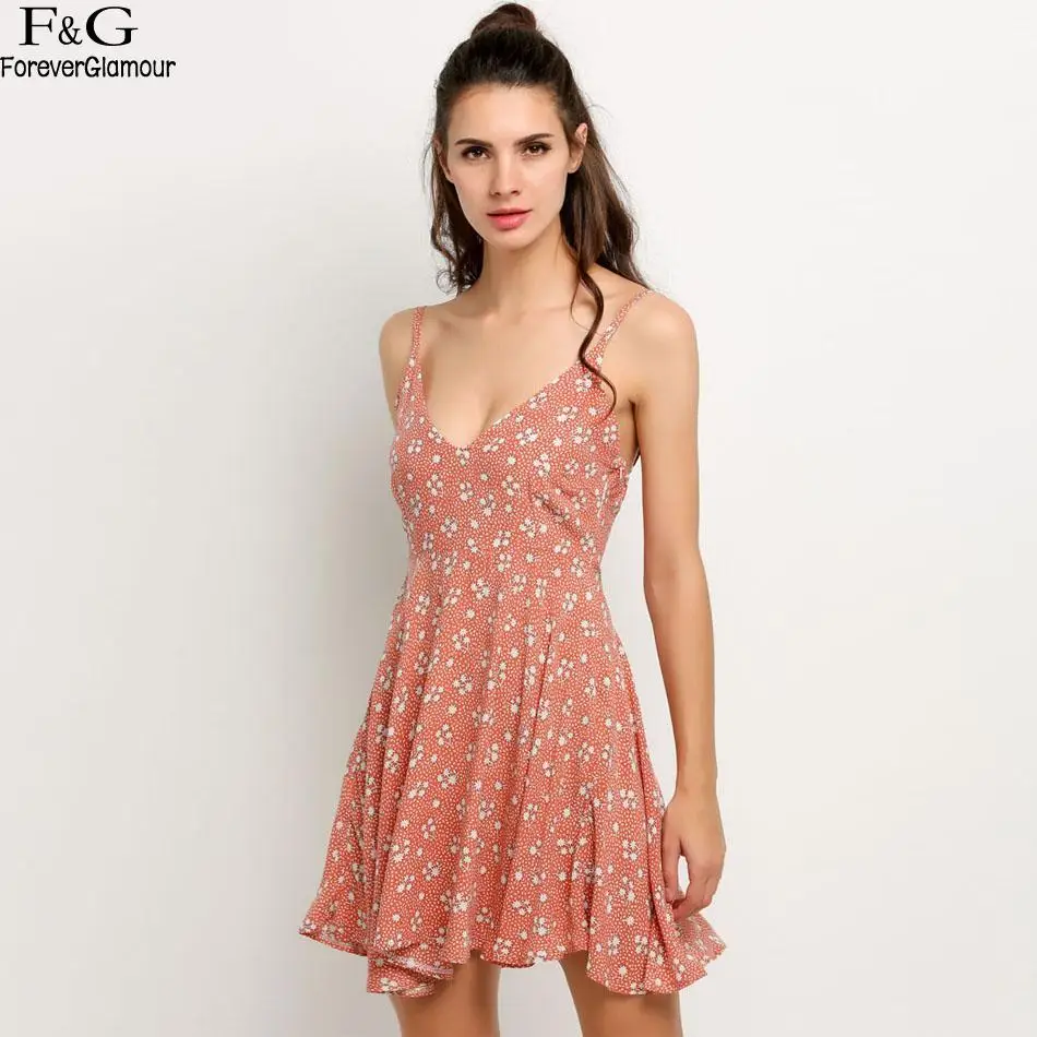 Платье Спагетти ремень v образным вырезом Backless Print A Line Mini women|Платья| |