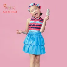 AONIHUA Girls kids Swimsuit 2018 Striped Print Two piece Top with skirt Quickly Dry Sleeveless swimwear Children bathing suit girls geometric print top with solid skirt