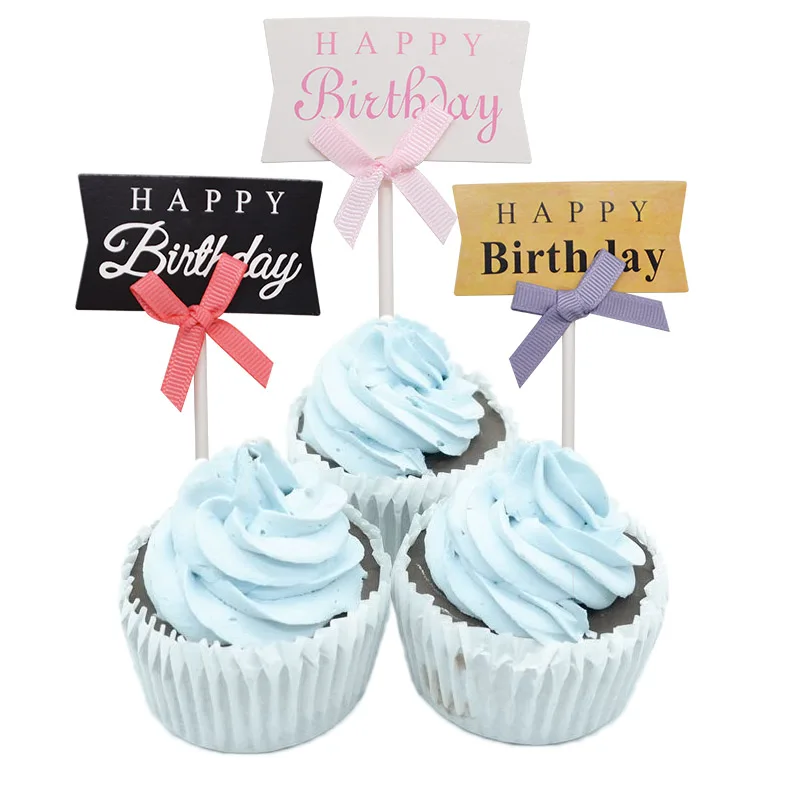 

2/6pcs Happy Birthday Writing Cake Toppers Paper Board Bow DIY Cake Pick for Kids Birthday Party Cake Decoration Cupcake Flags 8