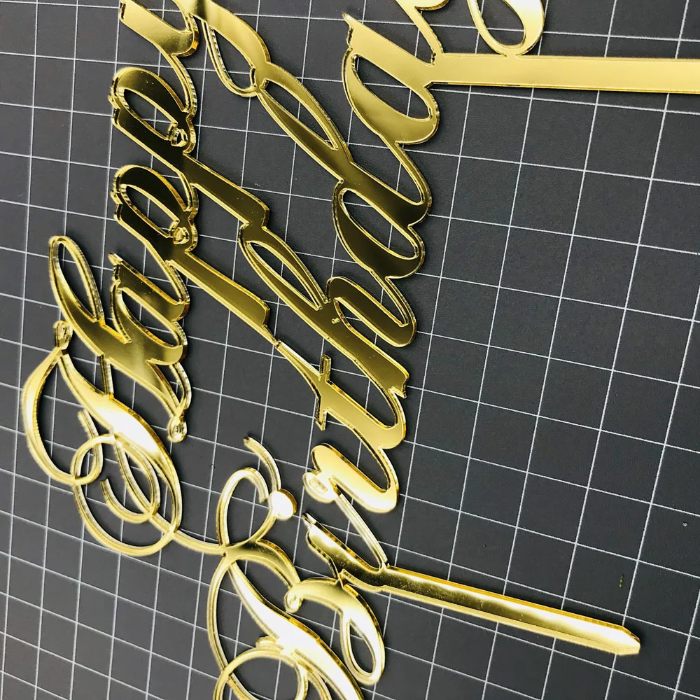 Mirror Gold Happy Birthday Cake Topper Decoration White Black Glod Silver Color Acrylic Cake Topper Stand Gift Supplies (3)