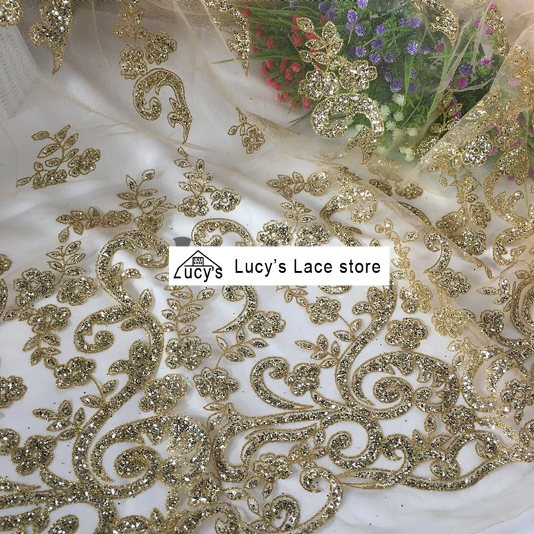 

Sequined lace gold color 1 Yard gold sequins fabric NEW shiny glitter tulle lace fabric material