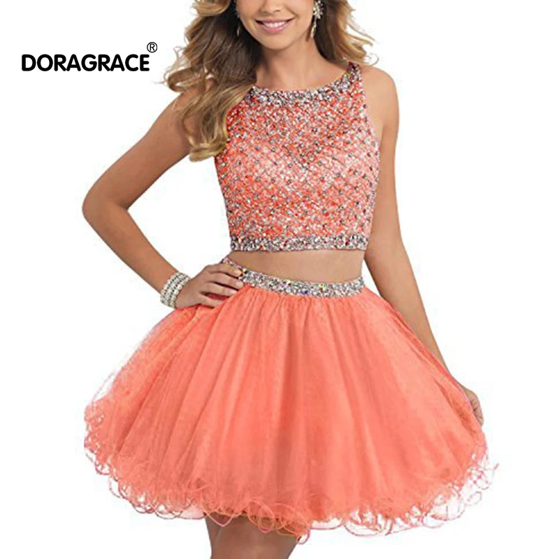 

Doragrace vestidos de festa Crystal Beaded Two-Piece Short Tulle Cocktail Party Dresses Prom Gowns