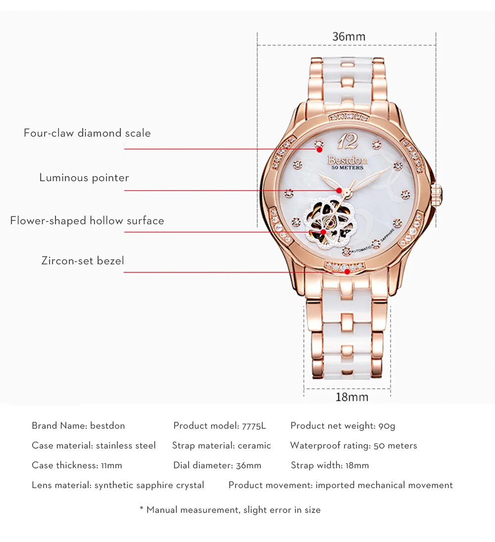Bestdon женские часы с бриллиантами Топ бренд Роскошный механический автоматический часы керамика сапфир японский часовой механизм Женские часы