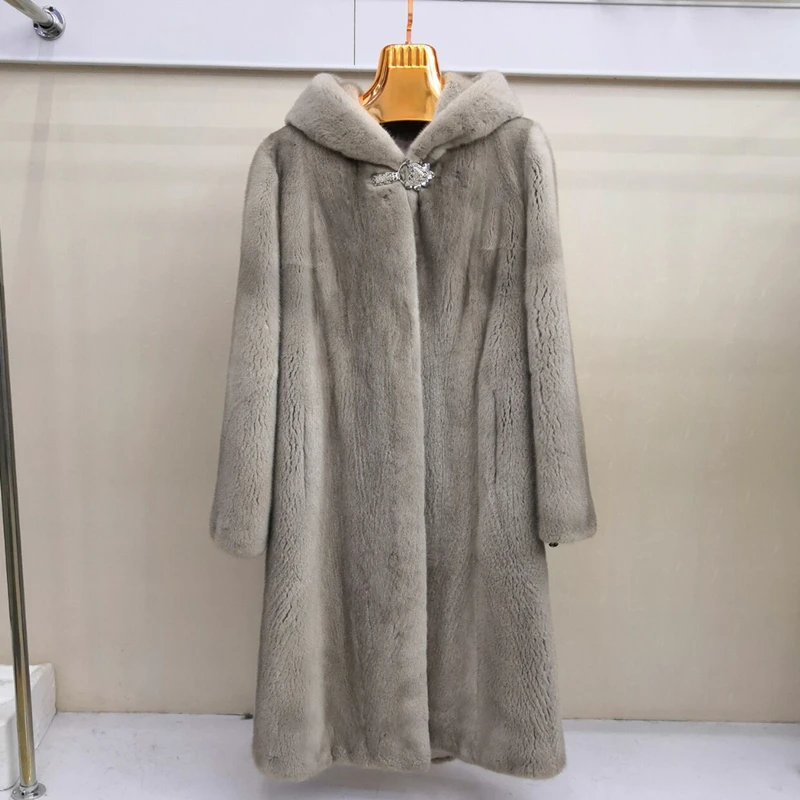 

2023 New Fashion 100% Real Mink Whole Fur Women X-Long Coat Winter Thick Slim Warm Female Natural Mink Fur With Hood Jacket