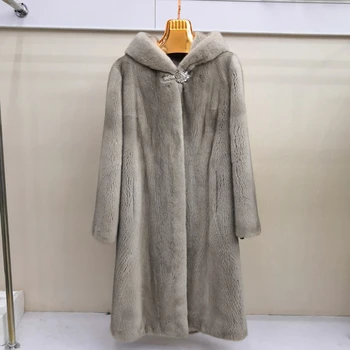 

Denmark Mink Whole Fur Women X-Long Coat Winter Thick Slim Warm Female Mink Fur Long Hood Jacket