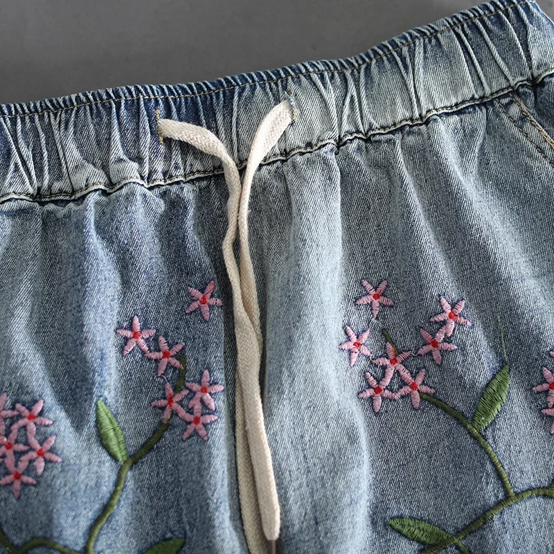 Летний национальный стиль Ретро Вышивка порошкообразная промытая женская джинсовая юбка Женская эластичная талия Большой размер юбки длинные девушки
