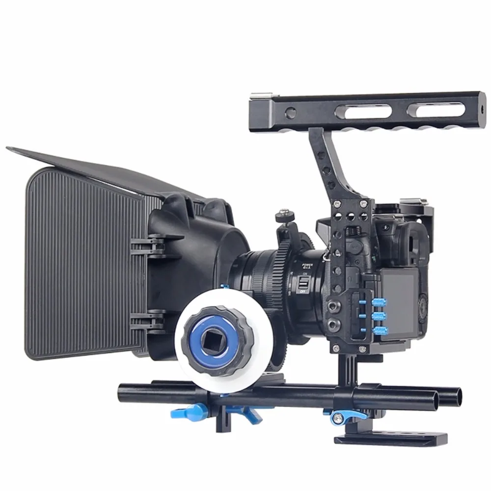 Goedkoop DSLR Video Film Stabilizer Kit 15mm Rod Rig Camera Cage + Handgreep + Follow Focus + Matte Box voor voor Sony A7 II A6300 GH4