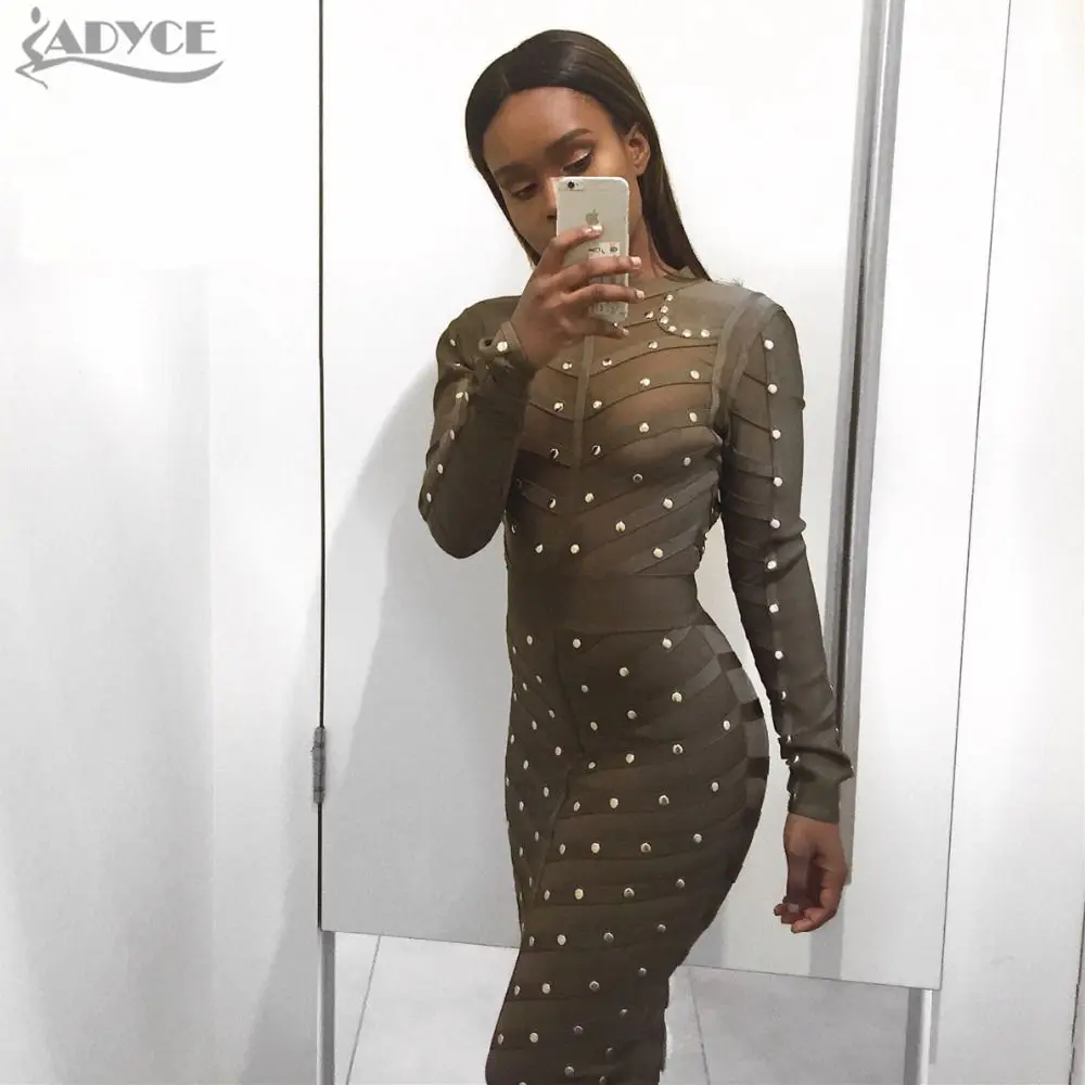  2016 New Women Party Winter Dress Studded Button Olive Mesh Black Long Sleeve Knee-length Bodycon Celebrity Runway Bandage Dress 