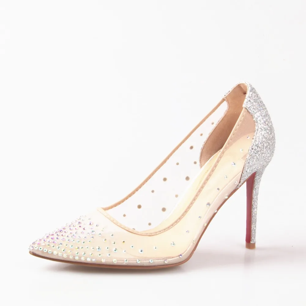 

Sexy high-heeled mesh rhinestone sequins pointed single shoes leather stiletto 2018 new nude color wedding shoes women.
