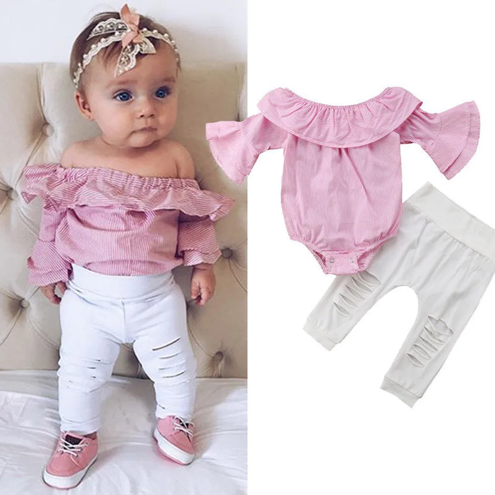 

Baby Girl Clothes Summer Hot Sale Toddler Infant Girl Long Sleeve Striped Tops Romper Ripped Pants Outfits Clothes Set