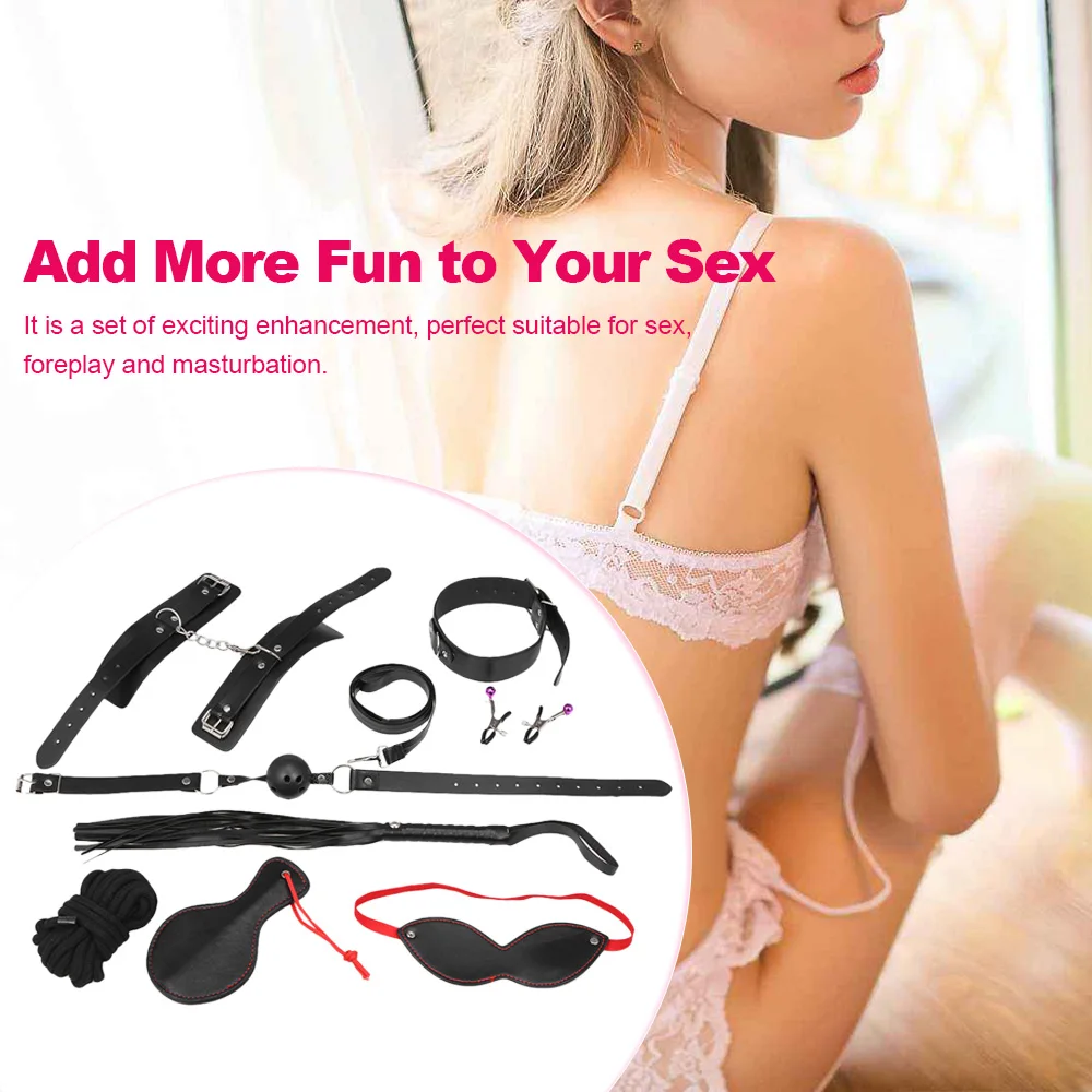 8Pcs Flirt Adult Games Handcuff Mouth Ball Nipple Clamp Cotton Rope Dog Chain Whip Blindfold SM Leather BDSM Sex Toy For Couples
