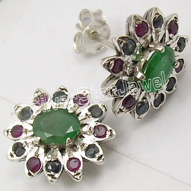 

Chanti International Silver Emeralds, rubi & SAPPFIRE JEWEL Stud Earrings