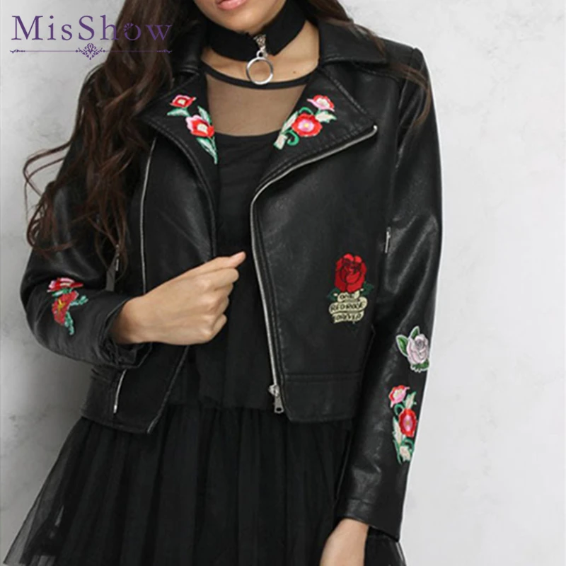 

New Arrival 2019 Spring Autumn Motorcycle Leather Jackets Black Short Zipper Floral Print PU Jacket Spring Street Leather Coat