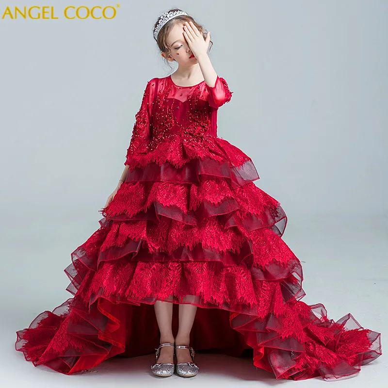 

Girls Party Dresses Elegant 2018 Summer Long sleeve flower Big tail princess girl dress children kids wedding birthday dresses