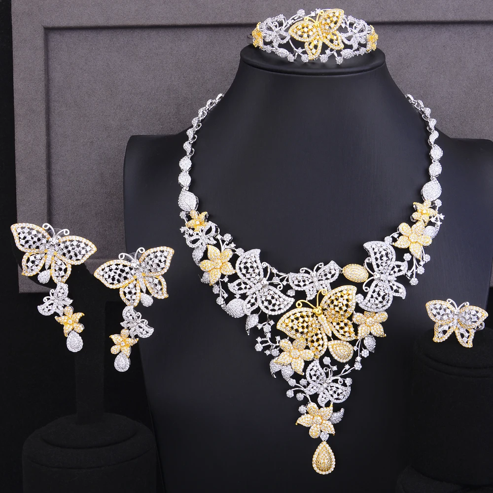4 PCS Romantic Full Butterfly Sweet Women Engagement Wedding Necklace Earrings Bracelet Ring Jewelry Sets Paved CZ Shiny | Украшения и