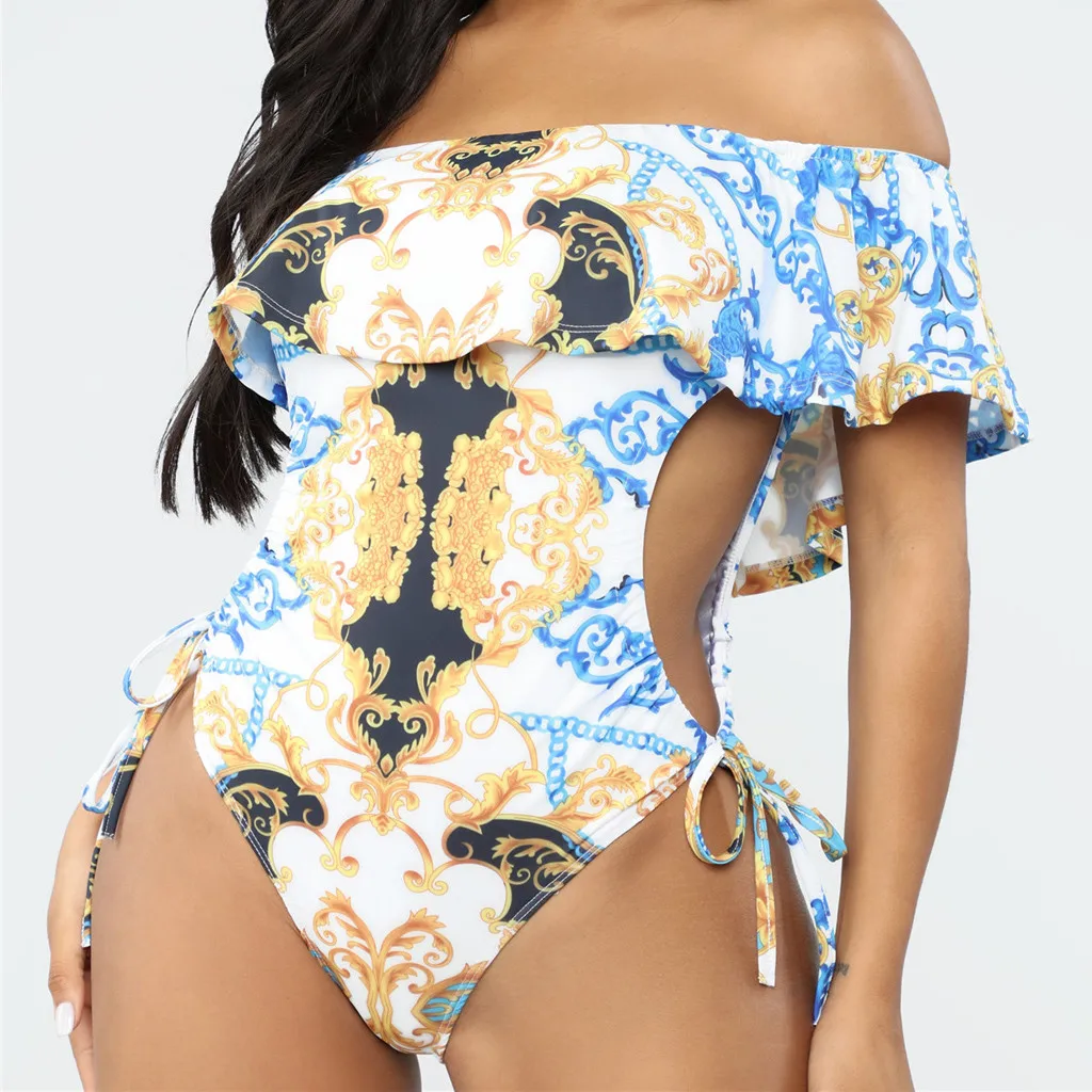 

2019 New Sexy Off The Shoulder Women Plus Size Gradient Printed Bikini Swimsuit Swimwear One Piece Tankini Monokini Swim Wear