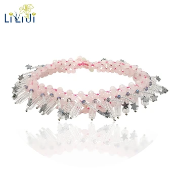 

LiiJi Unique Natural Stone Pink Rose Quartzs Crystal Hematite Stars Choker Necklace Handmade Knitting For Women Party