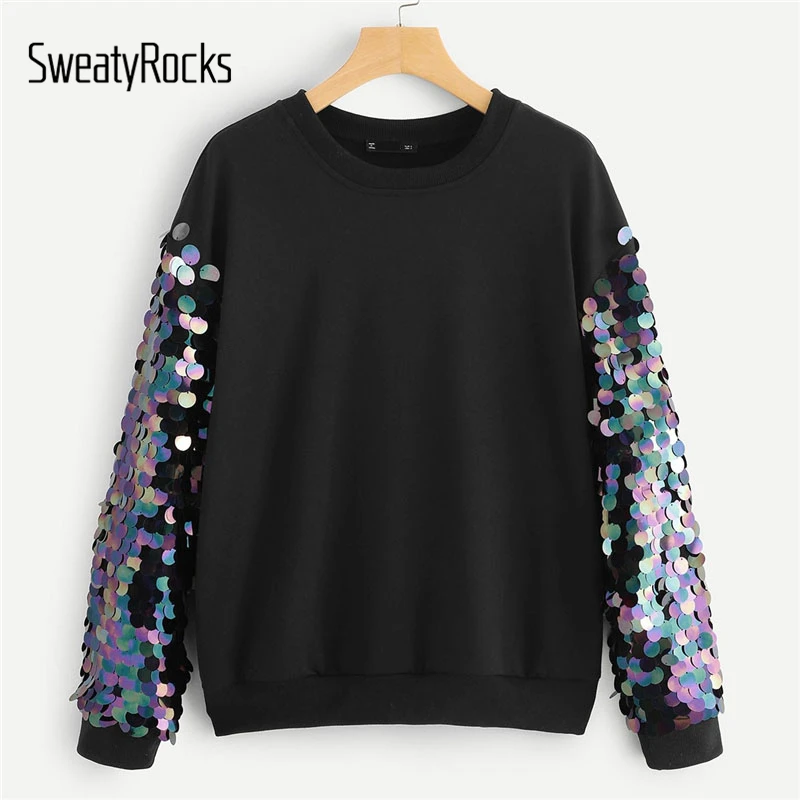 SweatyRocks الأسود التباين الترتر طويلة الأكمام السترة نشط شيك النساء قمم طاقم الرقبة 2018 الخريف عارضة المرأة بلوزات