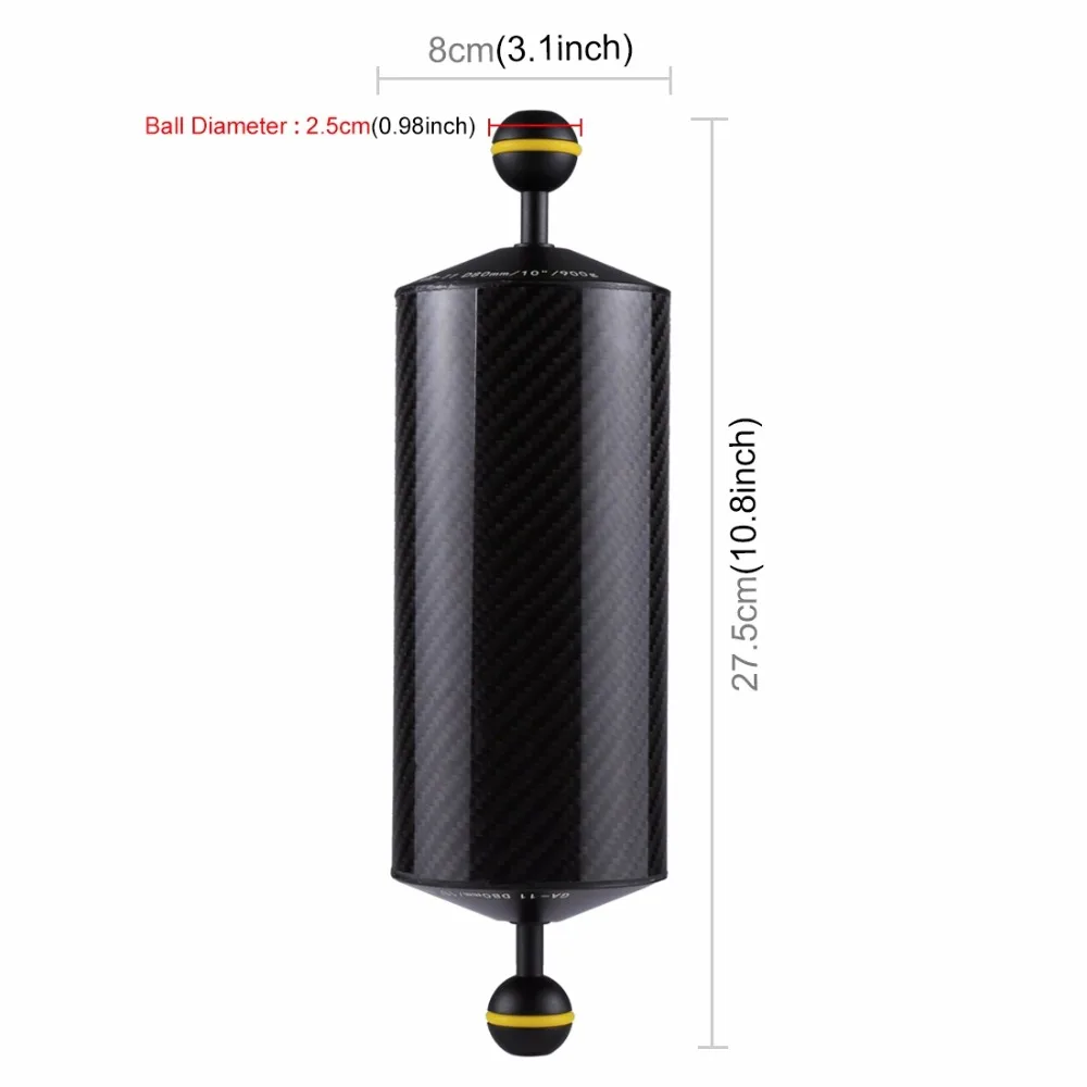 Плавающий шар PULUZ 10,8 дюйма 27,5 см длина 80 мм Диаметр двойные шарики углеродное волокно плавающая рука, диаметр шара: 2,5 см