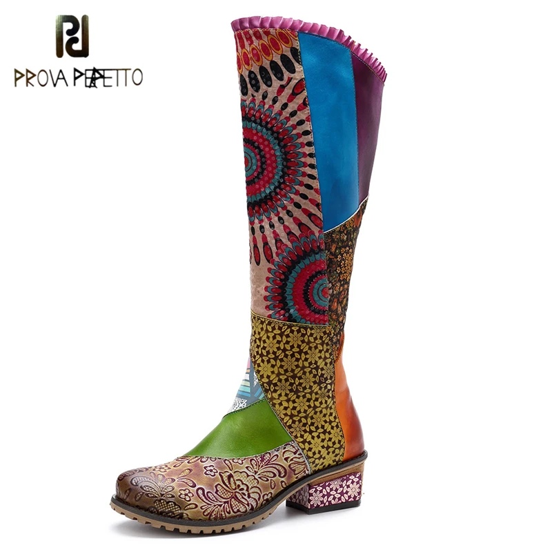 

Prova Perfetto Genuine Leather Knee High Boots Women Ethnic Long Boots Printed Flowers Patchwork Botas Female Zipper Heel Shoes