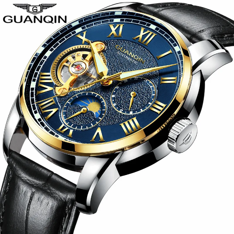 

saat New GUANQIN Mens Watches Top Brand Luxury reloj hombre Sport Leather Strap Waterproof Automatic Mechanical Watch Men relogi