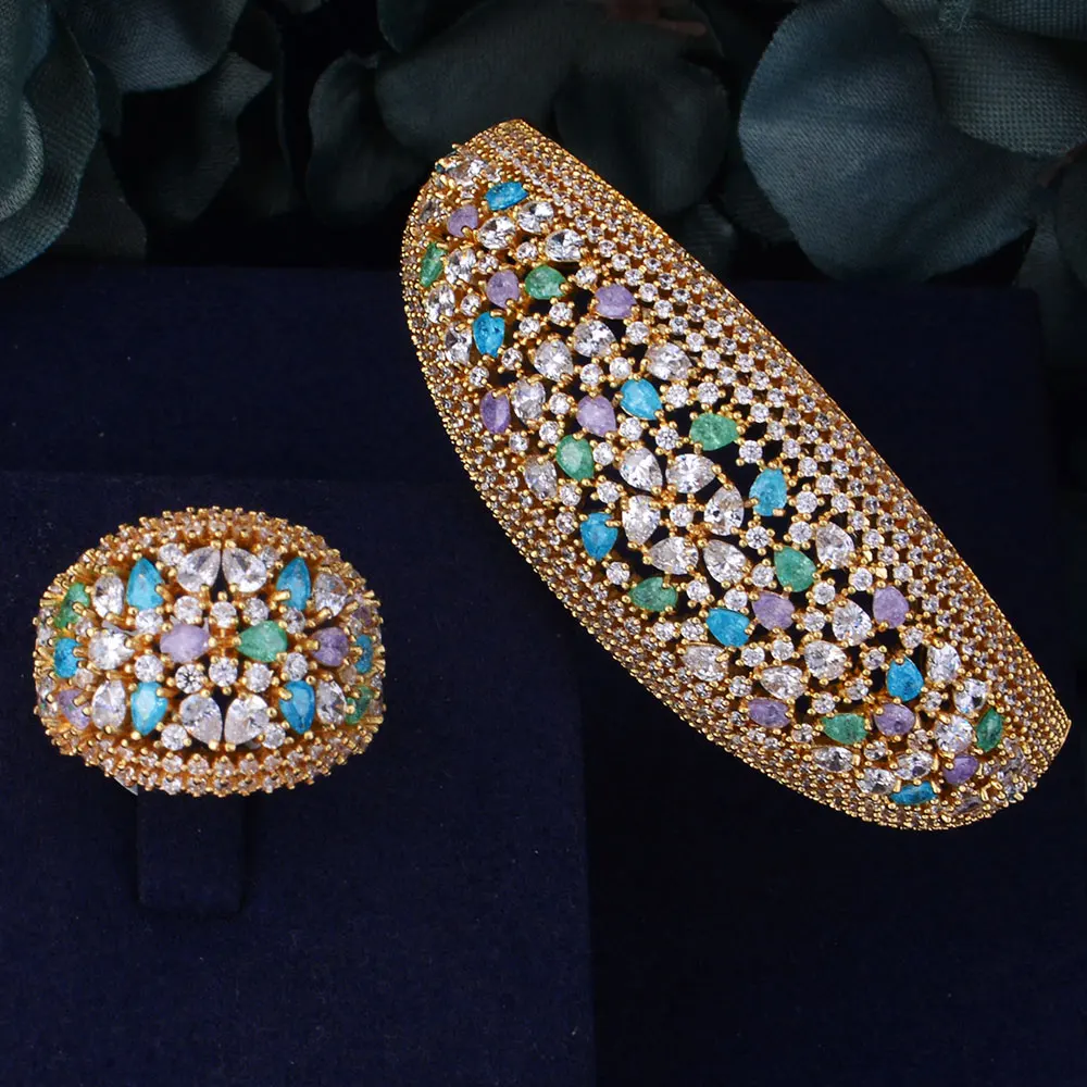 

GODKI Multicolor Ice Zirconium Luxury Full Micro Cubic Zirconia Geometry Women Bracelet Bangle Ring Set Dress Jewelry Sets