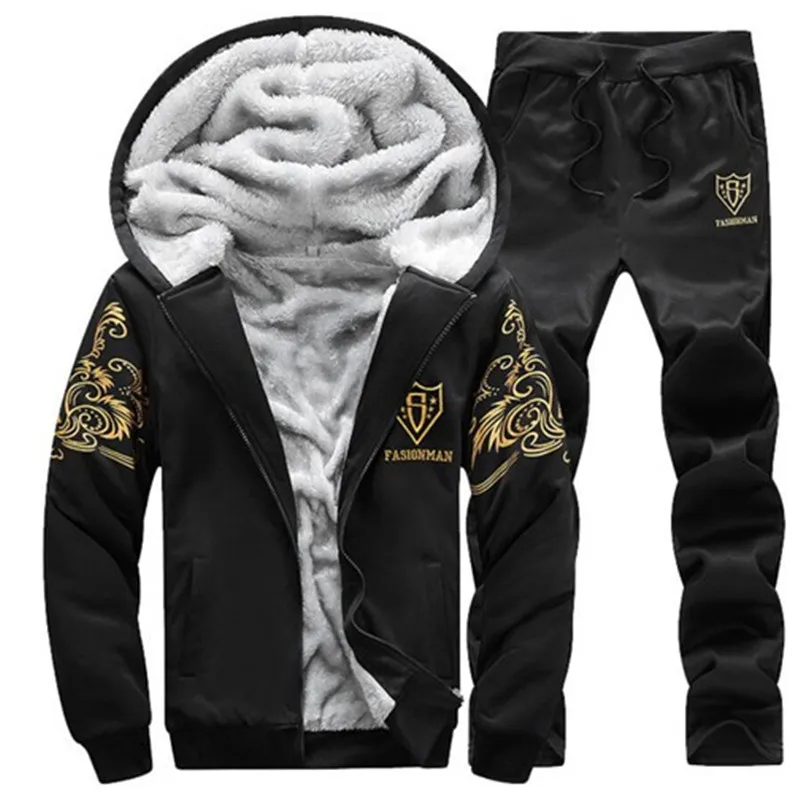 Casual Tracksuit Men set Winter Brand Two Piece Sets All Cotton Inner Fleece Thick Hooded Jacket+Pants Sporting Suit Male M-4XL