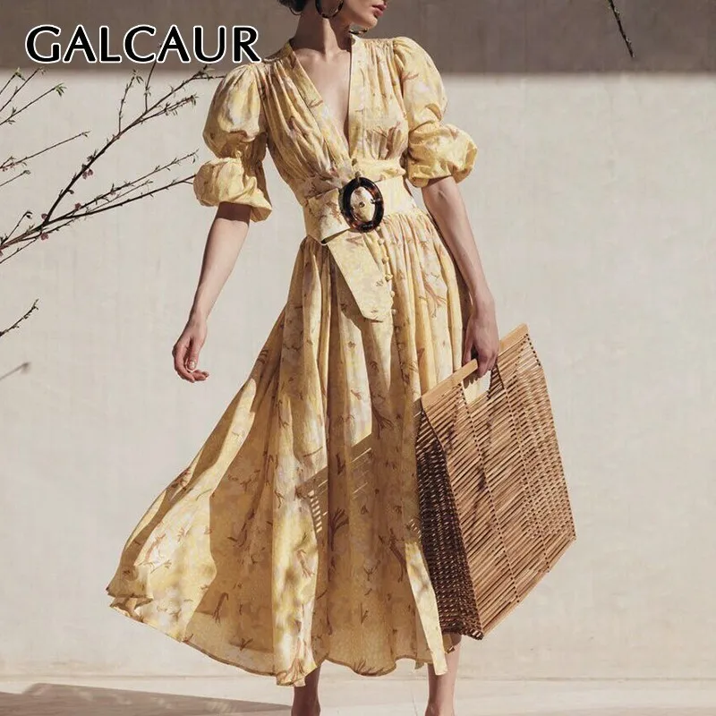 

GALCAUR Summer Print Dress For Women V Neck Puff Sleeve High Waist Slim With Sashes Midi Dresses Female Fashion 2019 Casual