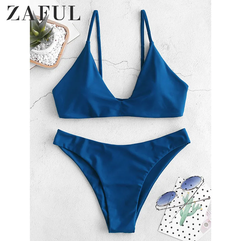 Женский спортивный комплект бикини ZAFUL зеленый однотонный купальник пуш ап с