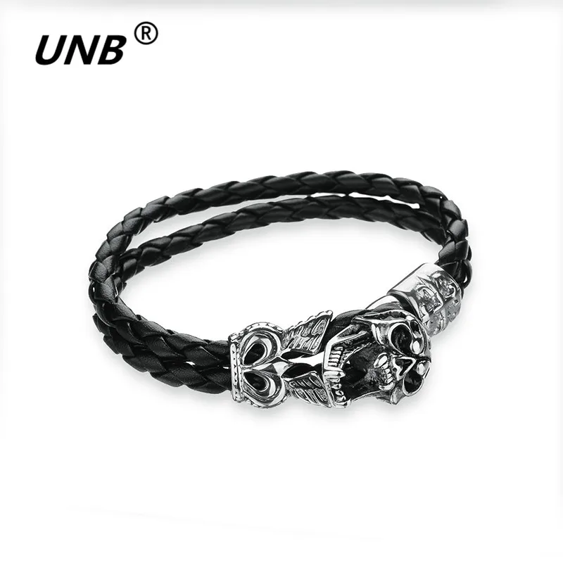 

UNB 2017 New Vampire Skeleton Skull Leather Belt Buckle Bracelets For Men Vintage Gothic Rock Stainless Steel Wristband Bracelet