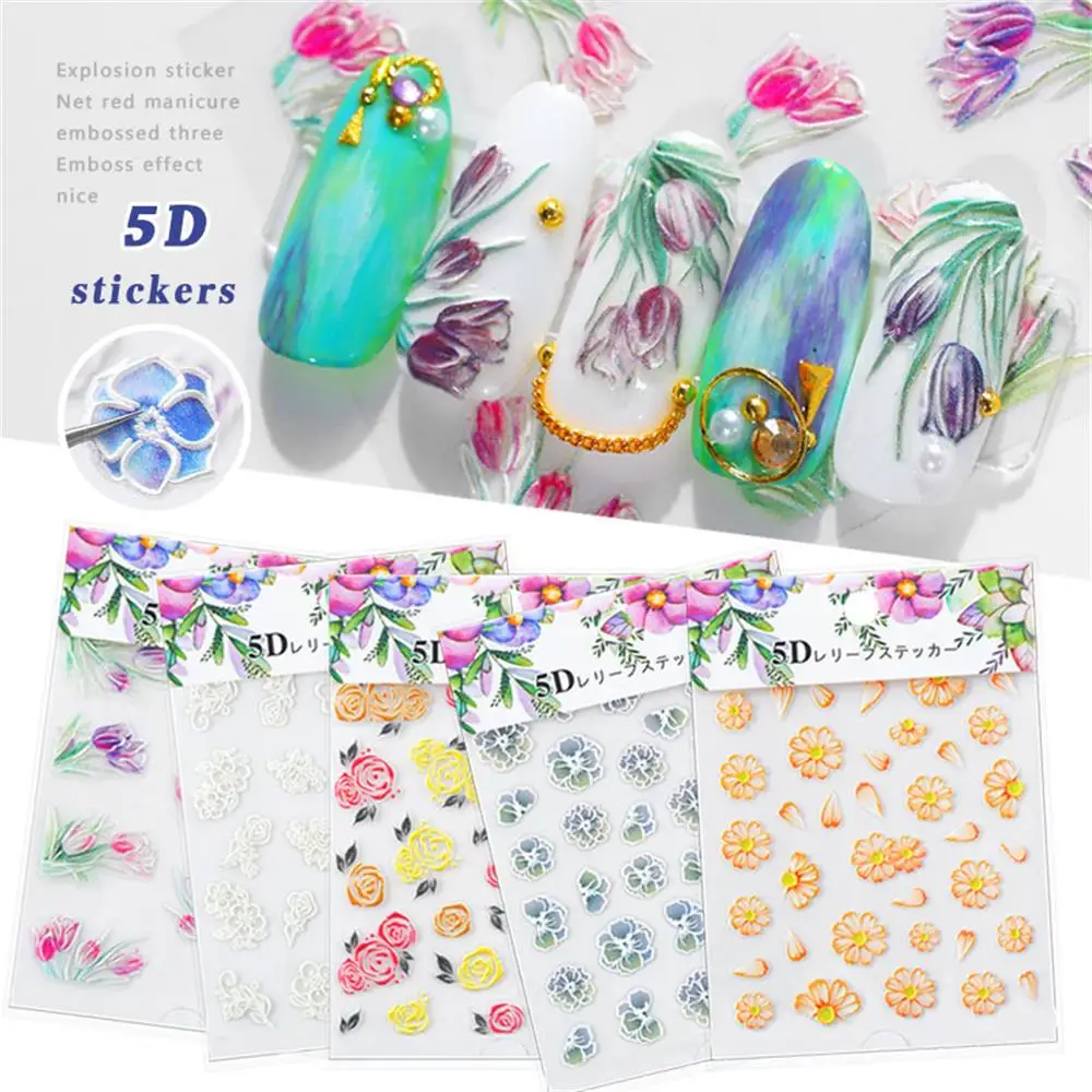 1 Sheet 3D Acrylic Embossed Flower Self Adhesive Nail Sticker Decal Slider Wrap Nail Art Decoration Manicurure Tools Accessories