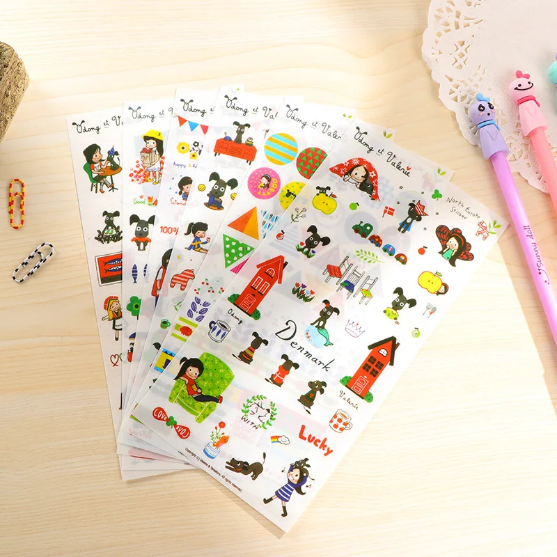 

Free ship!1=15set(90pc)!girl and dog DIY sticker / cartoon mobile phone sticker /cute Label PVC Decorative sticker