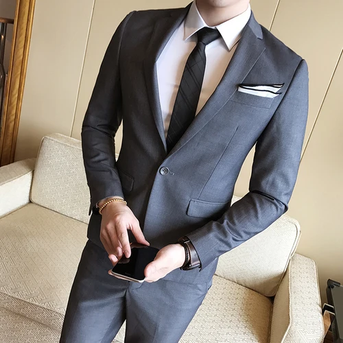 Куртки+ брюки/ Лидирующий бренд жениха свадебное платье формальный костюм 2 шт/мужские однотонные тонкие деловые случайные костюмы - Цвет: Dark gray 1 Button