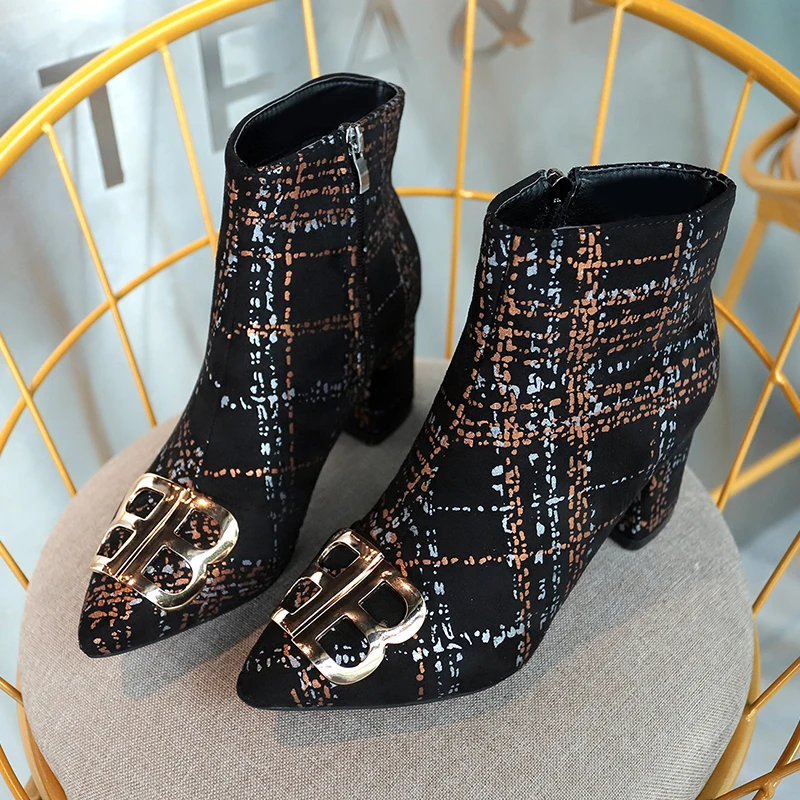 

Pointed Toe Plaid Autumn Women Boots High Heels Zipper Brand Boots Women Ankle Boots Thick Heels Suede Leather Boots Botas Mujer