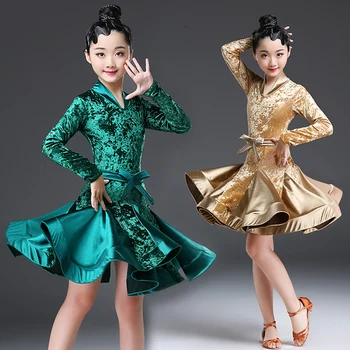 

Children'S Dance Clothes New Girls Cha Cha Latin Dance Dress Long Sleeve Velvet Ballroom Performance Dancing Dresses DWY1529