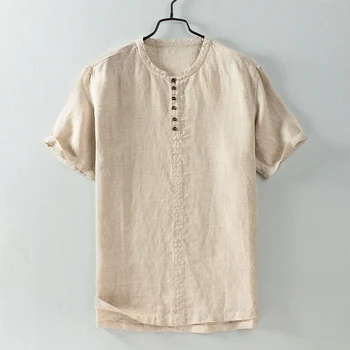 

High quality 2018 100% linen Fashion Chinese style Men's short sleeve shirts loose casual mens shirts solid color mens shirts