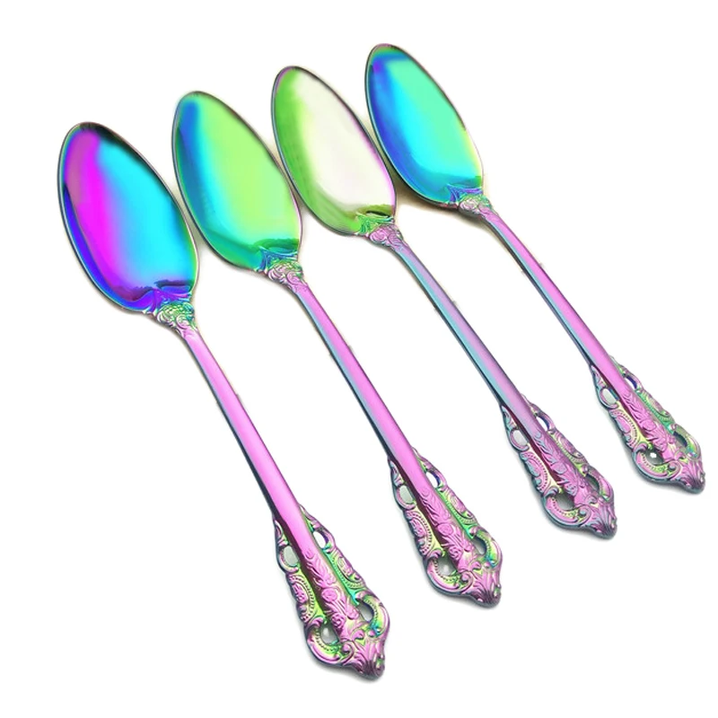Luxury Stainless Steel Elegant Rainbow Soup Spoon Dessert Spoon Carving
