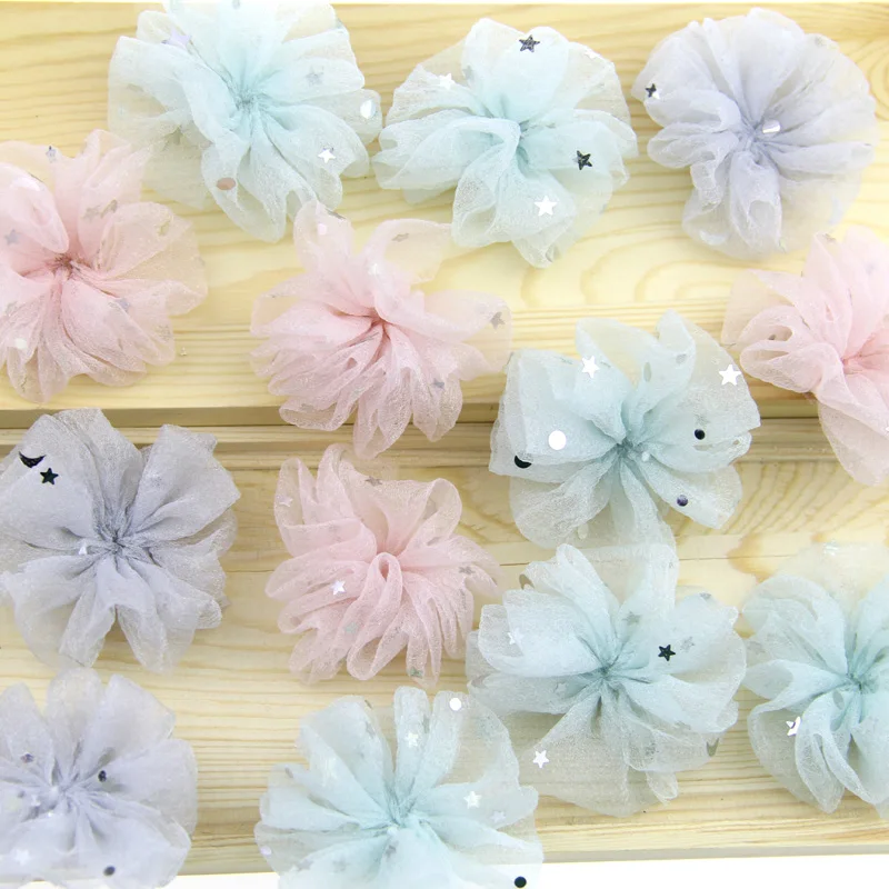 

10pcs/lot Mesh Flower Soft Chiffon Flower DIY Kids Girls Hair Bow Clip Flowers Dress Decoration Wedding Craft Appliques