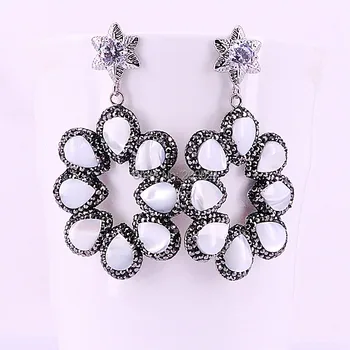 

3Pair Nature shell earrings for women/girl, flower design pave rhinestone and Shell dangle earrings fashion jewelry